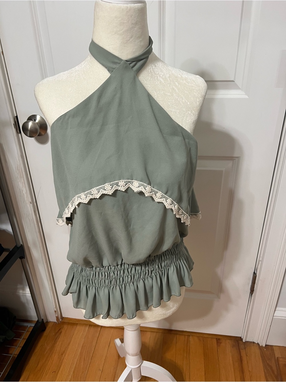 Halter Smocked Lace-Trim Camisole in Sage Green